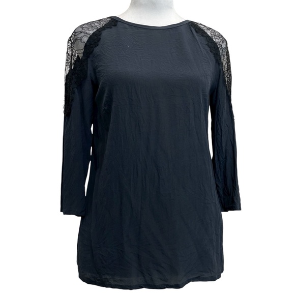 Patrizia Pepe 100% Silk Dark Blue Lace Shoulder Blouse - Picture 1 of 9